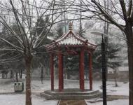 不一會(huì)，雪花就輕輕地覆蓋了整個(gè)大駐馬，連路邊游園的亭臺(tái)都讓這雪花修飾的如此意境不凡。