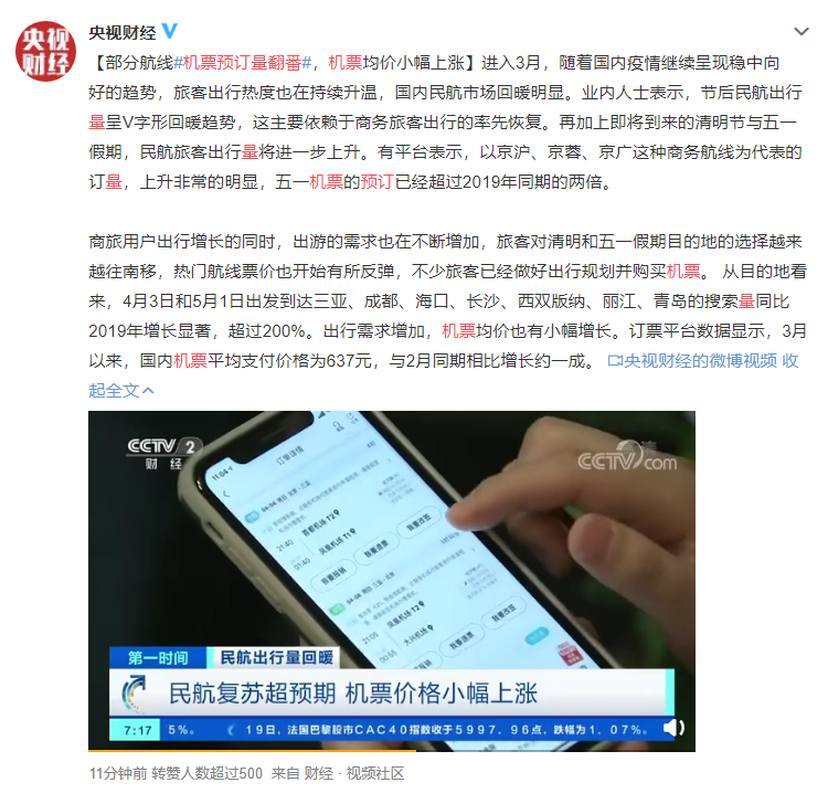 部分航線機票預(yù)訂量翻番！國內(nèi)民航市場回暖明顯