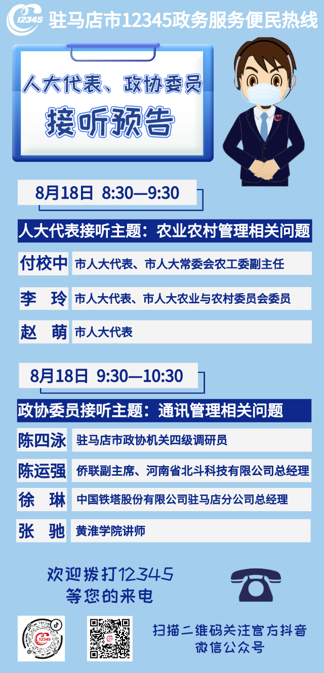8月18日市人大代表、政協(xié)委員將接聽(tīng)12345政務(wù)服務(wù)熱線