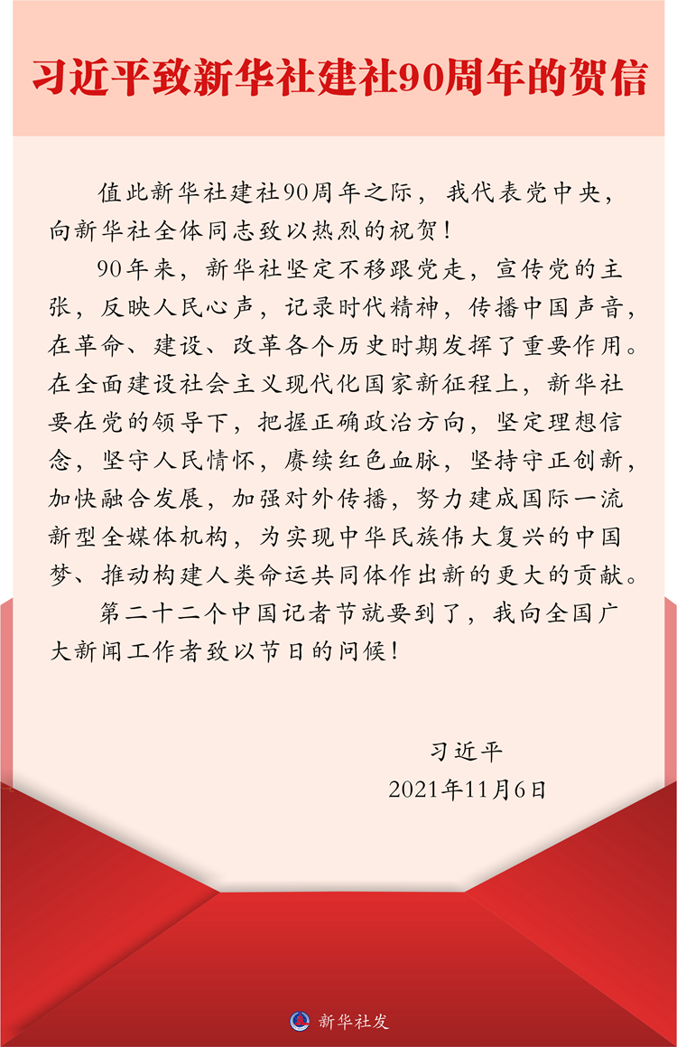 習(xí)近平致信祝賀新華社建社90周年強(qiáng)調(diào) 賡續(xù)紅色血脈堅(jiān)持守正創(chuàng)新 努力建成國(guó)際一流新型全媒體機(jī)構(gòu) 在中國(guó)記者節(jié)到來(lái)之際向全國(guó)廣大新聞工作者致以節(jié)日問(wèn)候