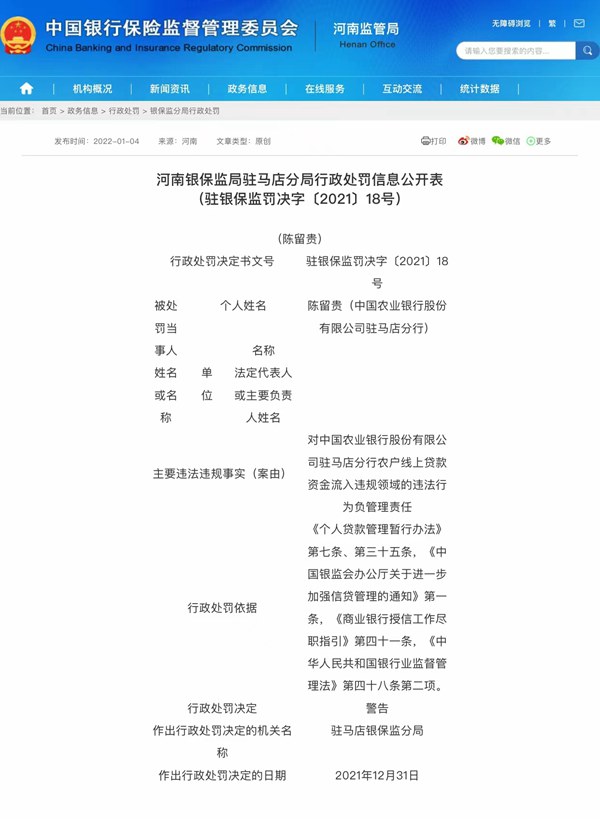 因違法違規(guī) 中國農(nóng)業(yè)銀行股份有限公司駐馬店分行被罰45萬元 多名責(zé)任人被警告