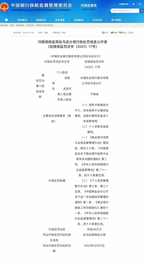 因違法違規(guī) 中國農(nóng)業(yè)銀行股份有限公司駐馬店分行被罰45萬元 多名責(zé)任人被警告