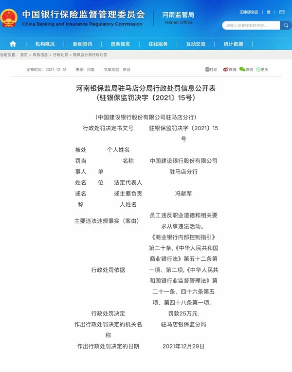 因違法違規(guī) 中國(guó)建設(shè)銀行股份有限公司駐馬店分行被罰25萬(wàn)元 兩名責(zé)任人被禁止終身從事銀行業(yè)工作