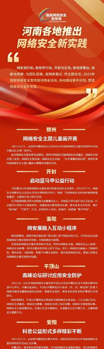 #聚焦2023網(wǎng)絡(luò)安全宣傳周河南省活動# 2023年國家網(wǎng)絡(luò)安全宣傳周河南省活動開啟，各地推出拿手好戲，營造網(wǎng)絡(luò)安全宣傳氛圍。#河南進(jìn)入網(wǎng)安周時間##網(wǎng)絡(luò)安全護(hù)航高質(zhì)量發(fā)展##網(wǎng)絡(luò)安全賦能美好生活#