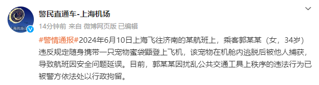 女子將蜜袋鼯帶上飛機致全體旅客下機?警方通報:行政拘留