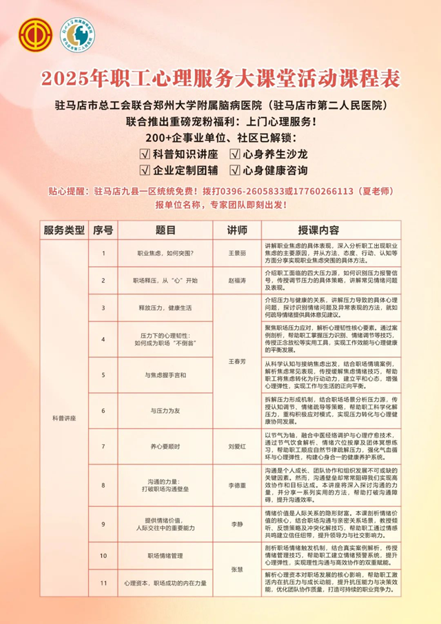  駐馬店市總工會(huì)聯(lián)合鄭州大學(xué)附屬腦病醫(yī)院（駐馬店市第二人民醫(yī)院）將開展2025年職工心理服務(wù)大課堂活動(dòng)
