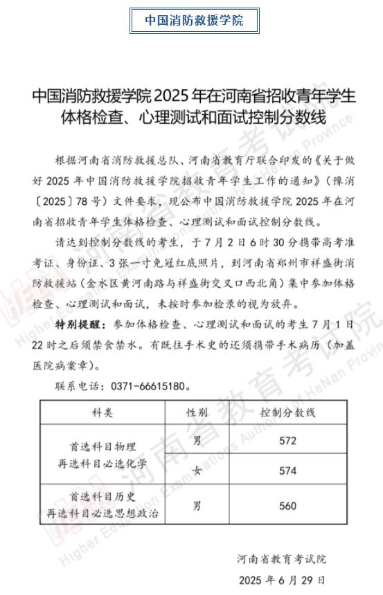 軍隊、公安、司法、消防類院校2025年在河南省招生面試、體檢控制線分數(shù)線公布