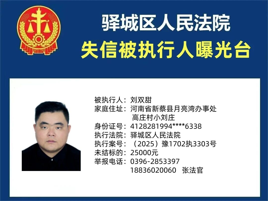 驛城區(qū)人民法院2025年“失信”被執(zhí)行人曝光臺(tái)第三期